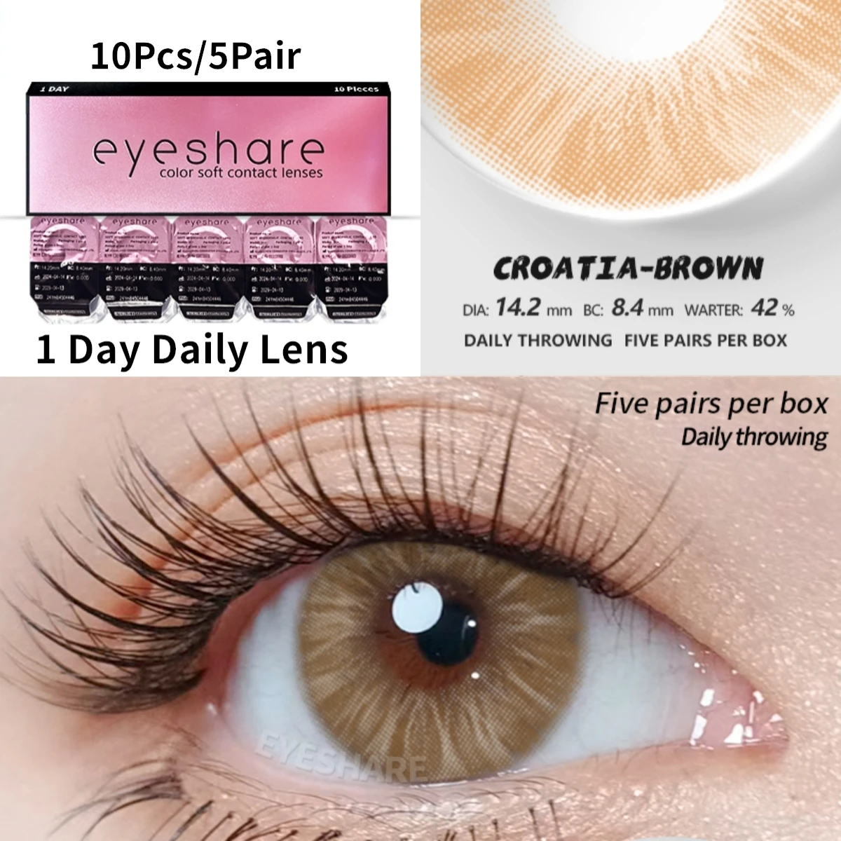 EYESHARE 10Pcs=5Pair Color Contact Lenses for 1 Day Daily Lens Blue Contacts Daily Disposable High Wearing Comfort Brown Lenses