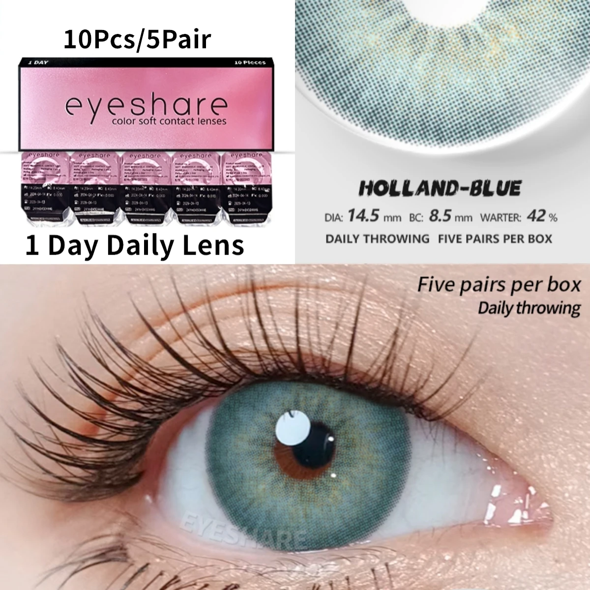 EYESHARE 10Pcs=5Pair Color Contact Lenses for 1 Day Daily Lens Blue Contacts Daily Disposable High Wearing Comfort Brown Lenses