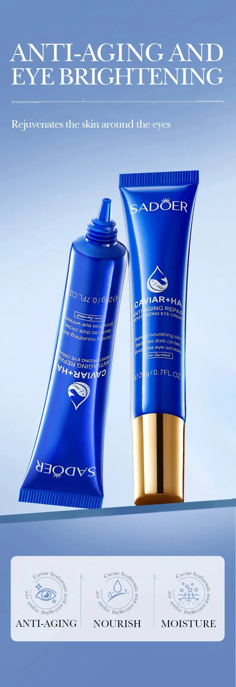 Caviar Eye Bag Removal Cream Hyaluronic Acid Anti-Wrinkle Firming Skin Fade Fine Lines Anti Dark Circle Puffiness Eye Care 20g