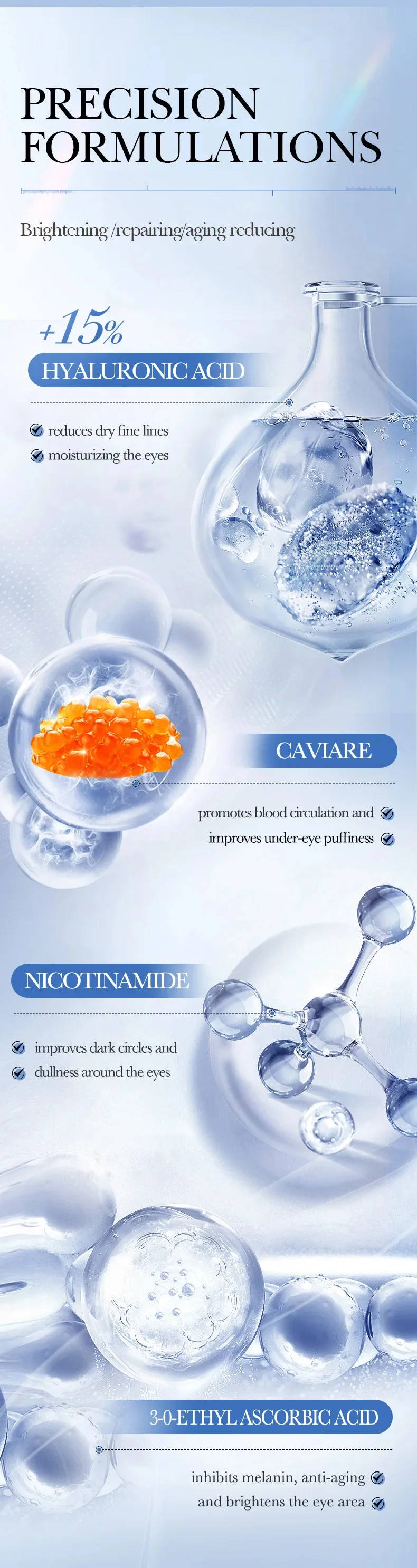 Caviar Eye Bag Removal Cream Hyaluronic Acid Anti-Wrinkle Firming Skin Fade Fine Lines Anti Dark Circle Puffiness Eye Care 20g