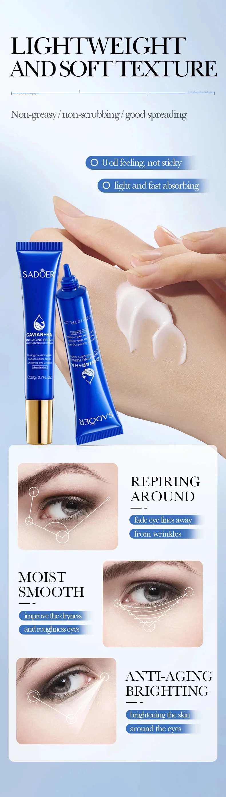 Caviar Eye Bag Removal Cream Hyaluronic Acid Anti-Wrinkle Firming Skin Fade Fine Lines Anti Dark Circle Puffiness Eye Care 20g