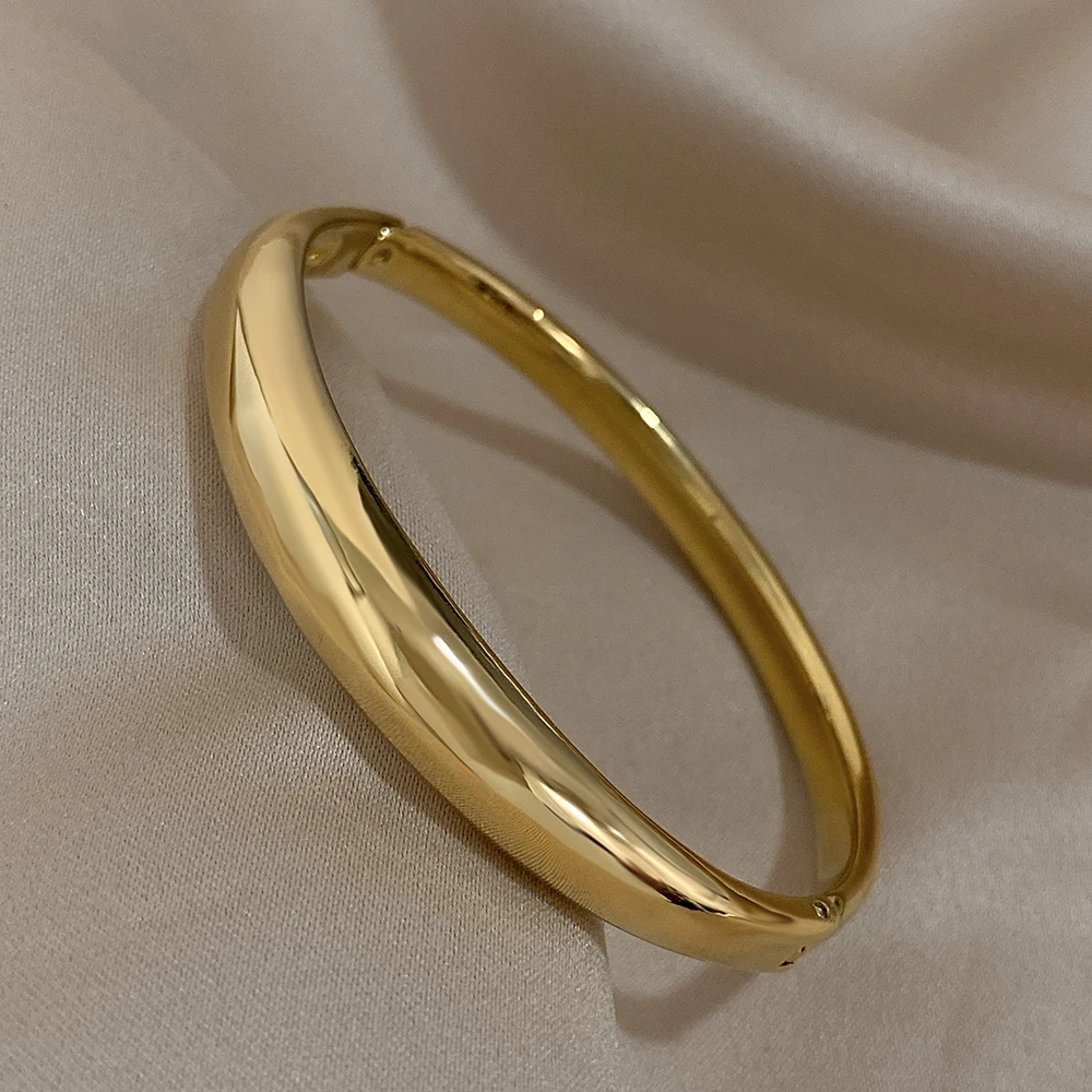 Minimalist Smooth Chunky Cuff Bangles for Women Stainless Steel Gold Silver Color Round Circle Bracelets Waterproof Jewelry