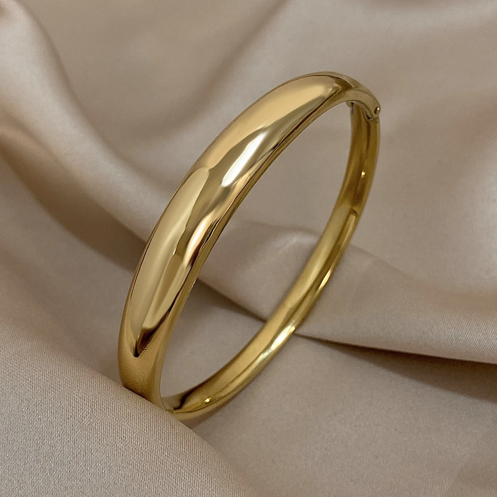 Minimalist Smooth Chunky Cuff Bangles for Women Stainless Steel Gold Silver Color Round Circle Bracelets Waterproof Jewelry