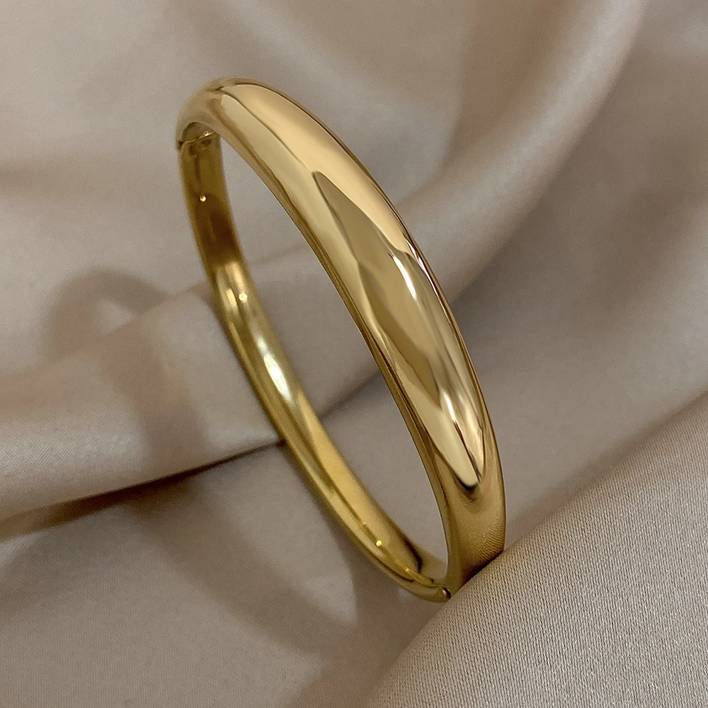 Minimalist Smooth Chunky Cuff Bangles for Women Stainless Steel Gold Silver Color Round Circle Bracelets Waterproof Jewelry