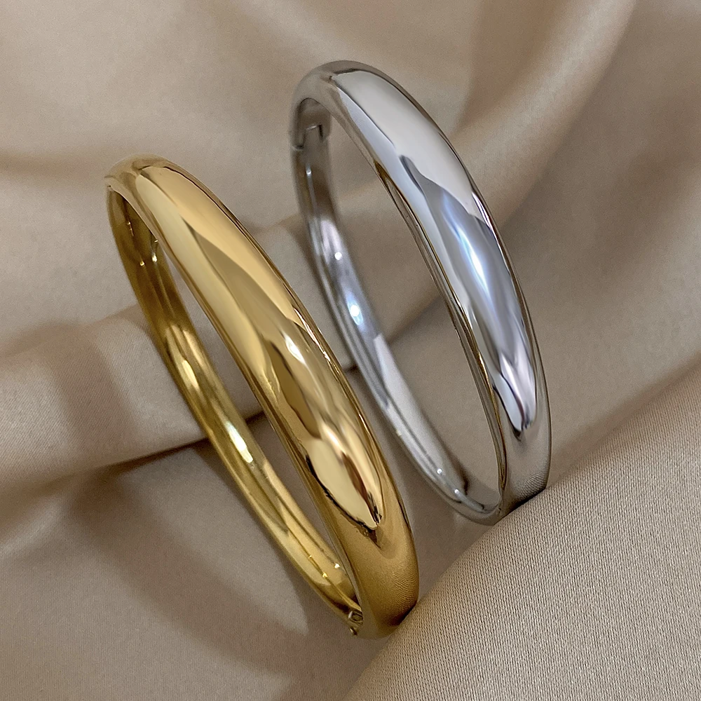 Minimalist Smooth Chunky Cuff Bangles for Women Stainless Steel Gold Silver Color Round Circle Bracelets Waterproof Jewelry