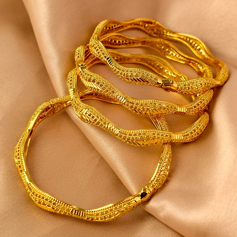 Dubai 24k Gold Color Luxury Bangles for Women Arabic New Anniversary Wedding Party Gifts Original Bracelets