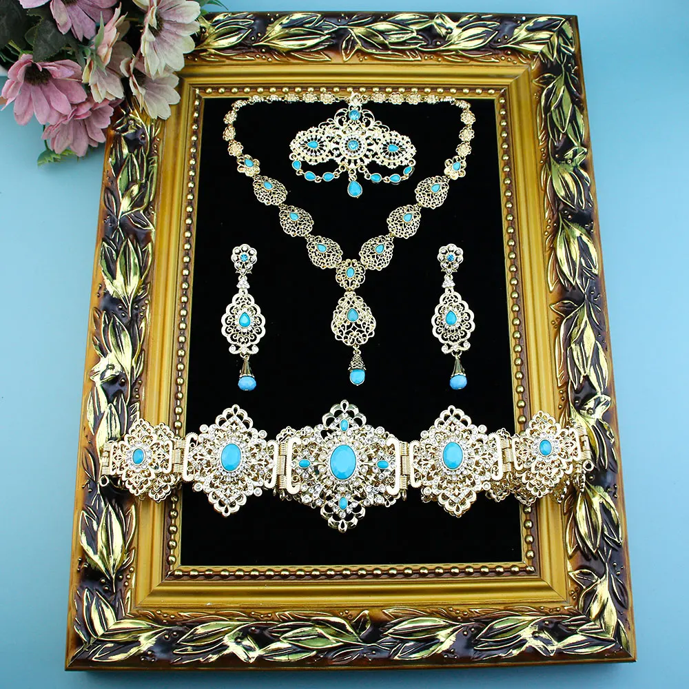 Sunspicems Chic Arabic Bride Jewelry Sets For Women Gold Color Crystal Morocco Belt Necklace Caftan Brooch Earring Muslim Sets