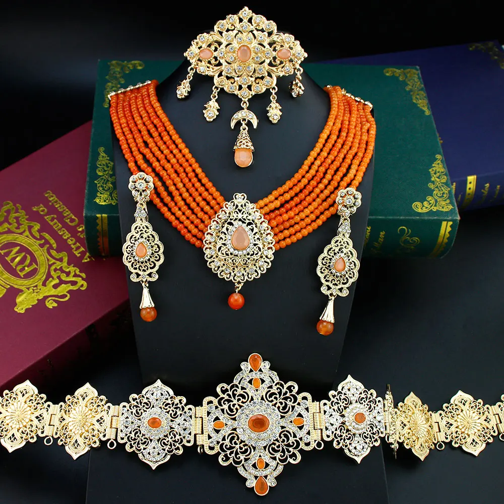 Sunspicems Morocco Bride Jewelry Sets For Women Caftan Belt Waist Chain Beads Chain Choker Necklace Pendant Brooch Long Earring