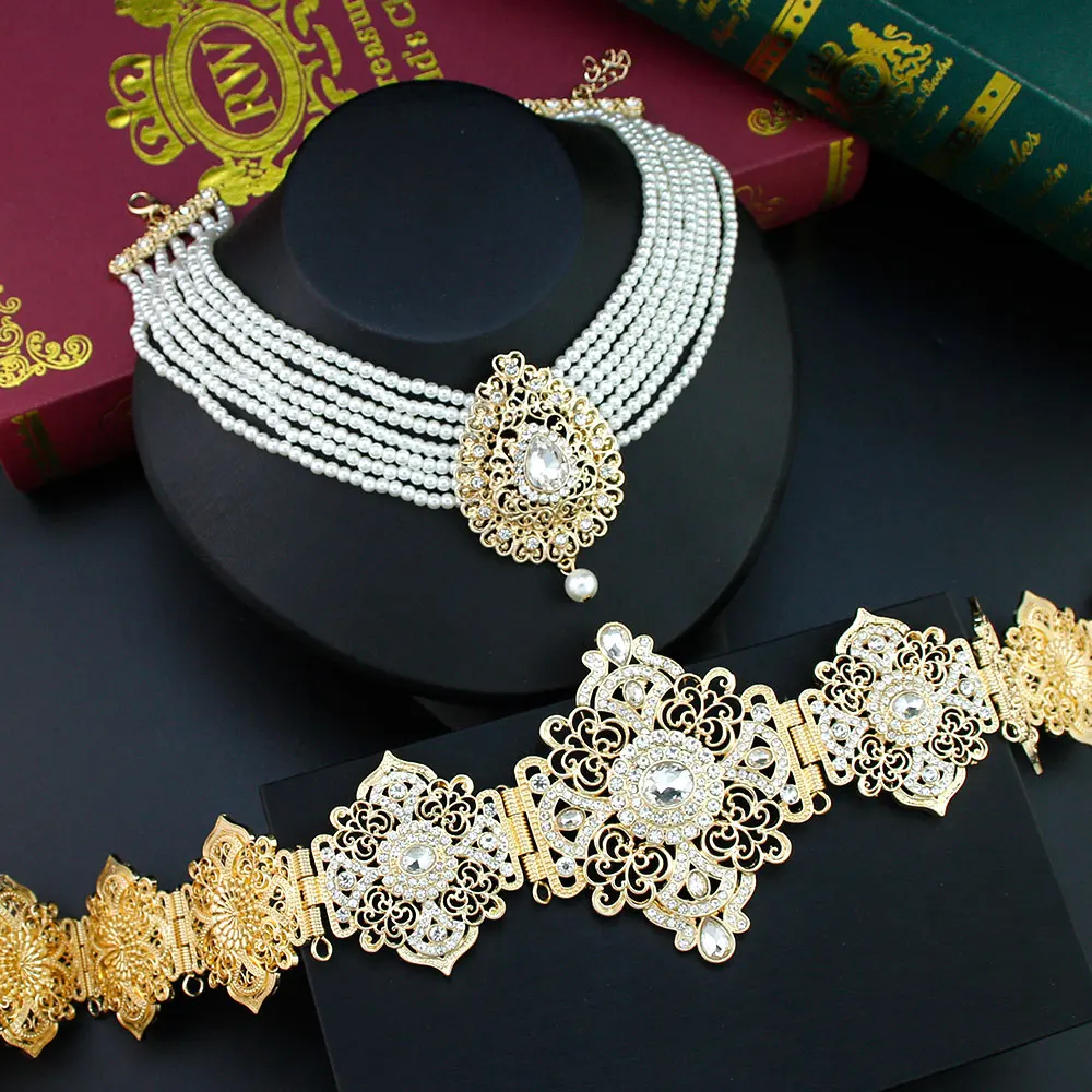 Sunspicems Morocco Bride Jewelry Sets For Women Caftan Belt Waist Chain Beads Chain Choker Necklace Pendant Brooch Long Earring
