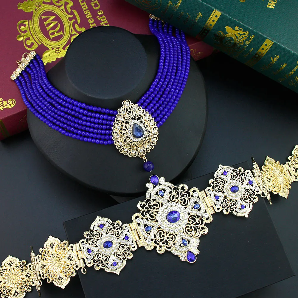 Sunspicems Morocco Bride Jewelry Sets For Women Caftan Belt Waist Chain Beads Chain Choker Necklace Pendant Brooch Long Earring