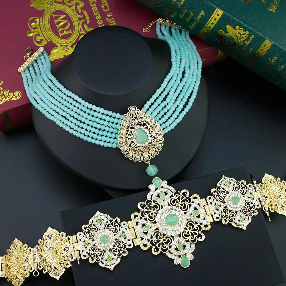 Sunspicems Morocco Bride Jewelry Sets For Women Caftan Belt Waist Chain Beads Chain Choker Necklace Pendant Brooch Long Earring