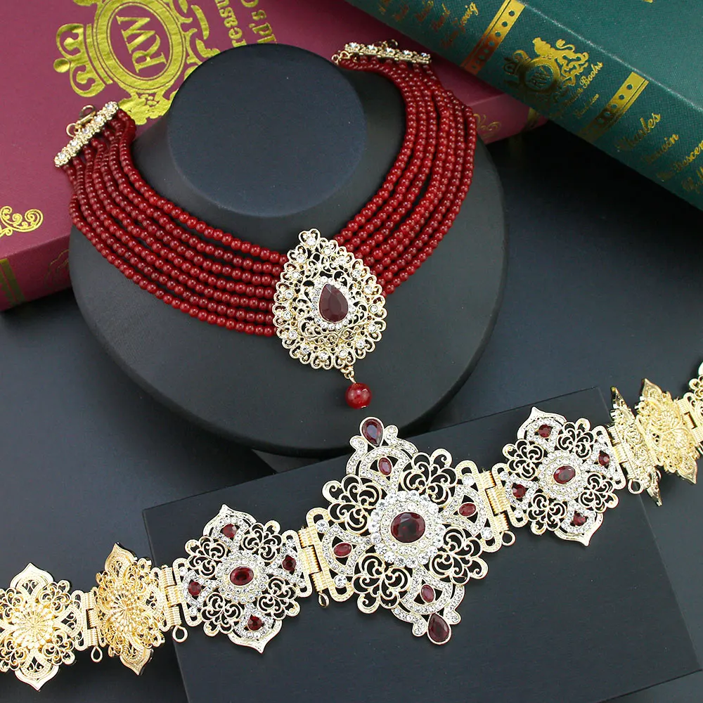 Sunspicems Morocco Bride Jewelry Sets For Women Caftan Belt Waist Chain Beads Chain Choker Necklace Pendant Brooch Long Earring