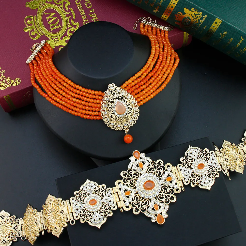 Sunspicems Morocco Bride Jewelry Sets For Women Caftan Belt Waist Chain Beads Chain Choker Necklace Pendant Brooch Long Earring