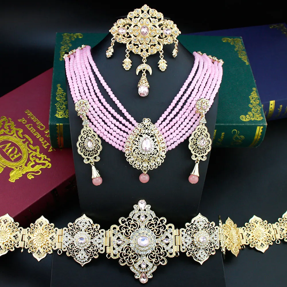 Sunspicems Morocco Bride Jewelry Sets For Women Caftan Belt Waist Chain Beads Chain Choker Necklace Pendant Brooch Long Earring