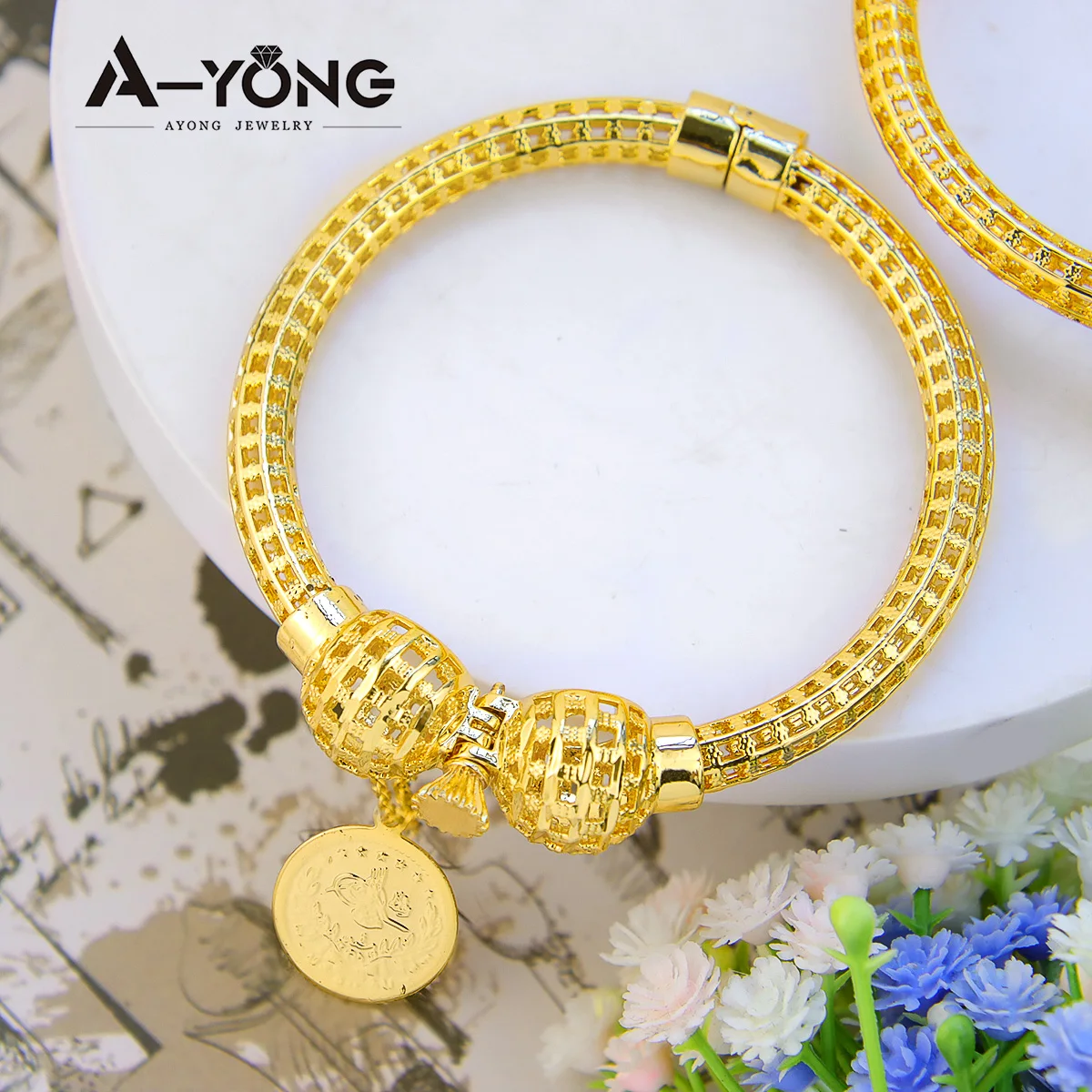 Saudi Gold Color Coins Bracelet 21k Gold Plated Turkish Cuff Bangles Dubai Ethiopian Nigeria Women Wedding Party Jewelry Gifts