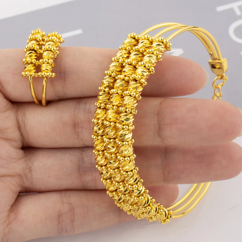 Dubai Women Gold Color Bangles 18k Gold Color Twist Bracelet Ring Wedding Birthday Gift Gold Color Fine Jewelry Gifts Not Fade