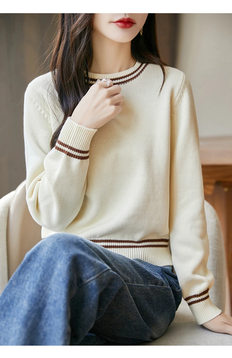 Autumn and winter women's 100% pure cotton sweater casual O-neck knitted pullover loose color matching hot selling women's top