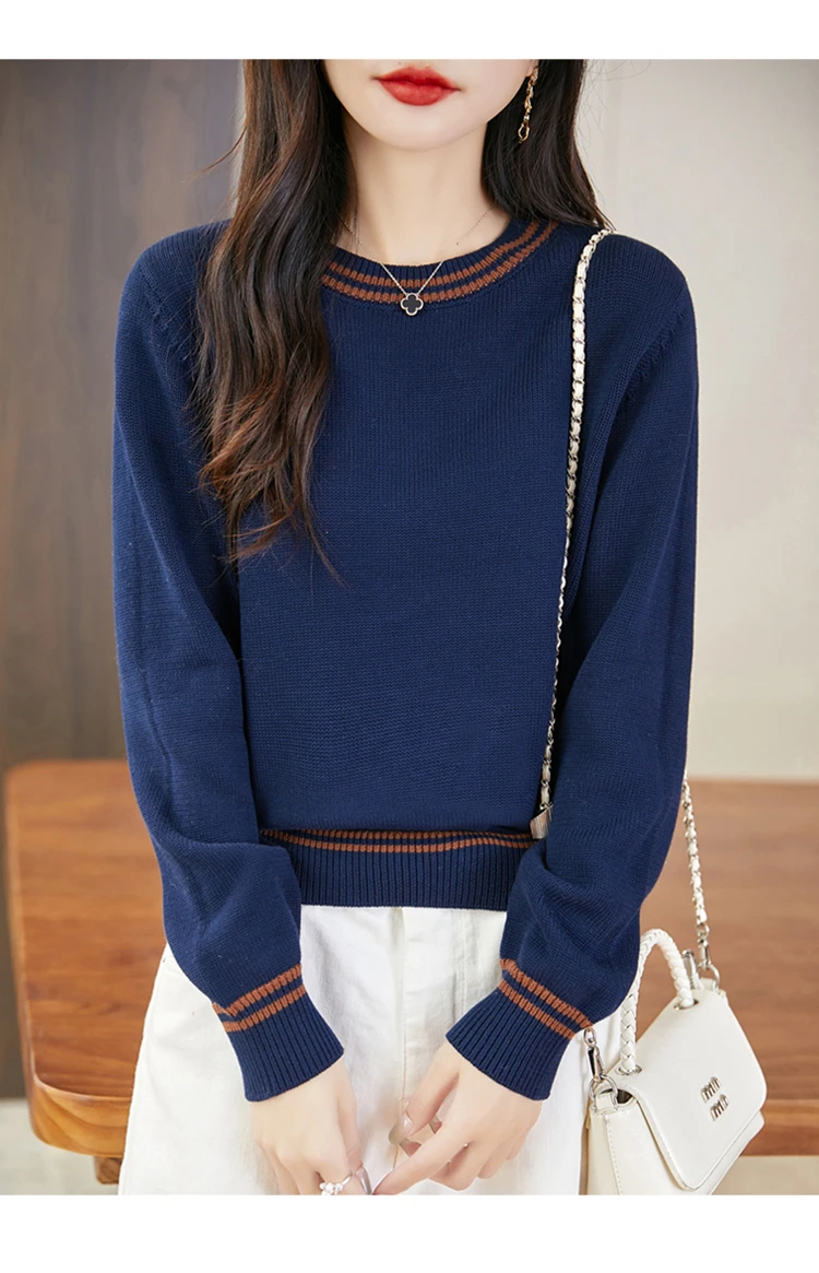 Autumn and winter women's 100% pure cotton sweater casual O-neck knitted pullover loose color matching hot selling women's top
