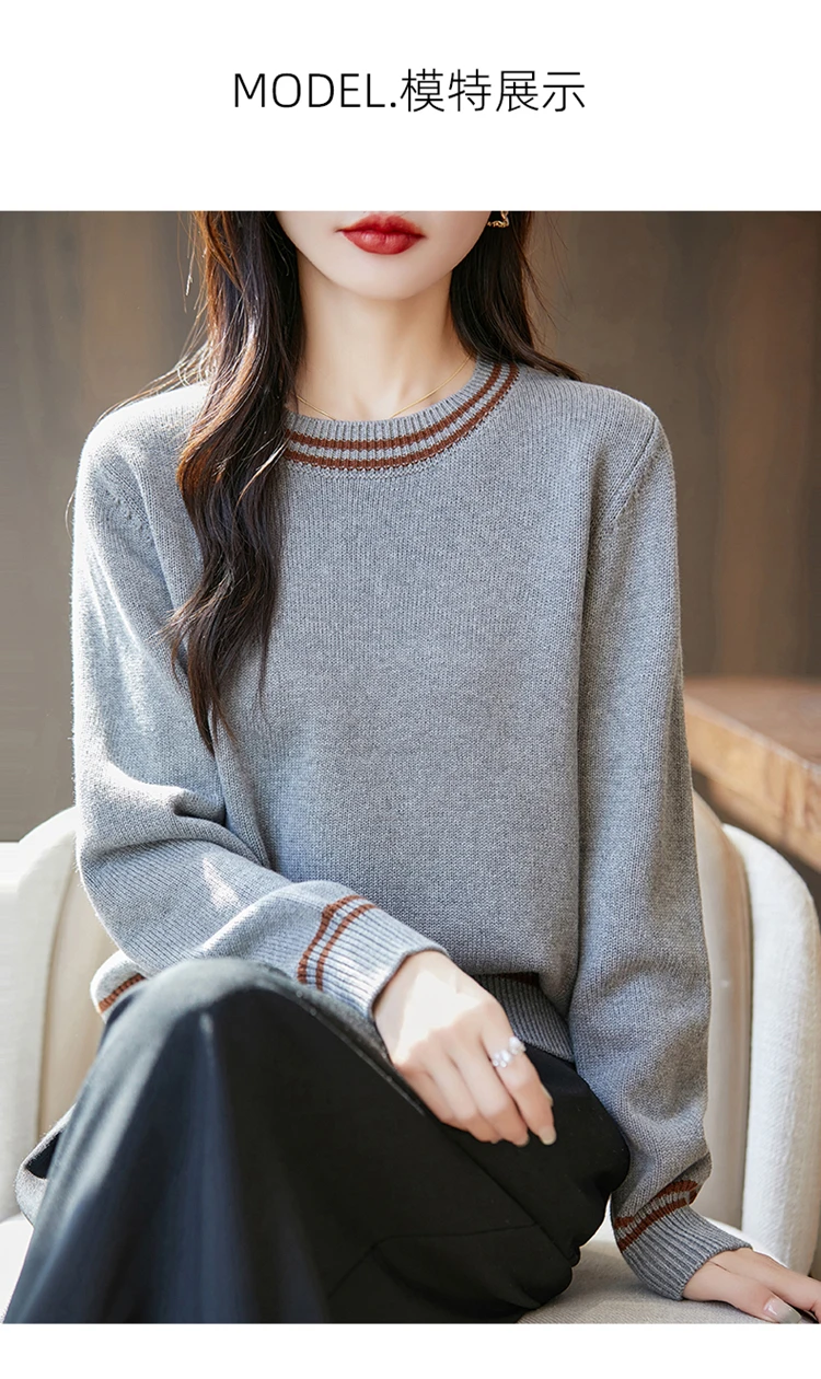 Autumn and winter women's 100% pure cotton sweater casual O-neck knitted pullover loose color matching hot selling women's top