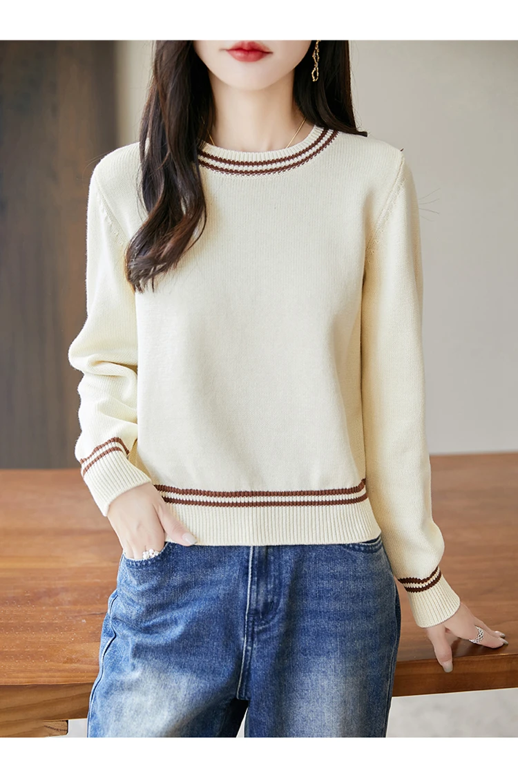 Autumn and winter women's 100% pure cotton sweater casual O-neck knitted pullover loose color matching hot selling women's top