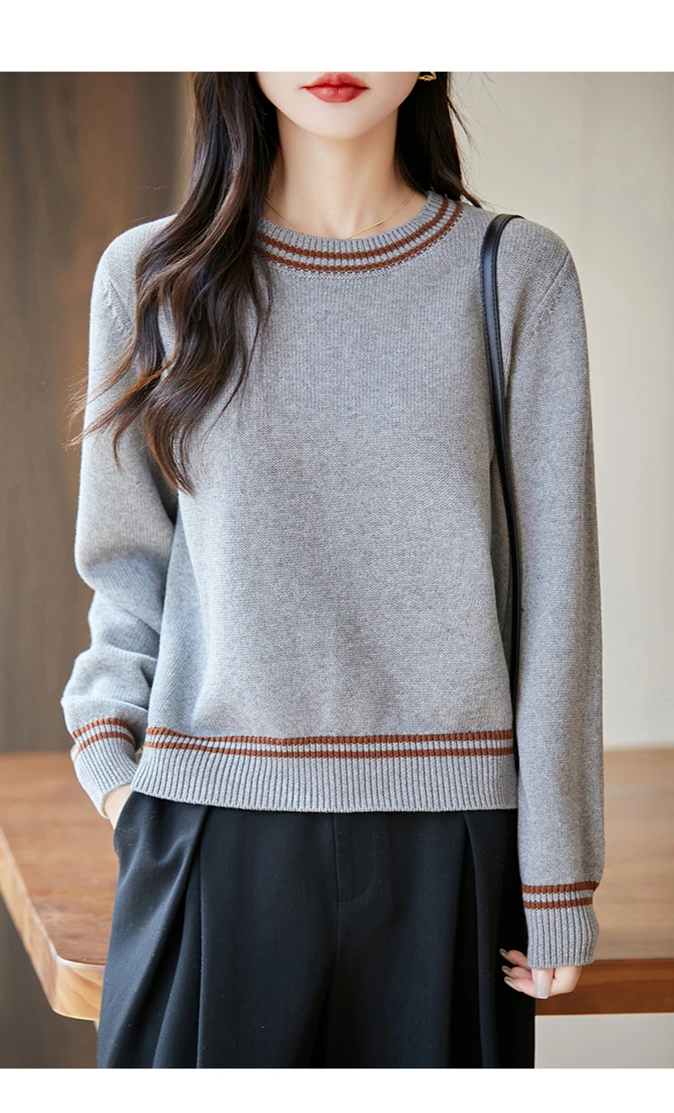 Autumn and winter women's 100% pure cotton sweater casual O-neck knitted pullover loose color matching hot selling women's top