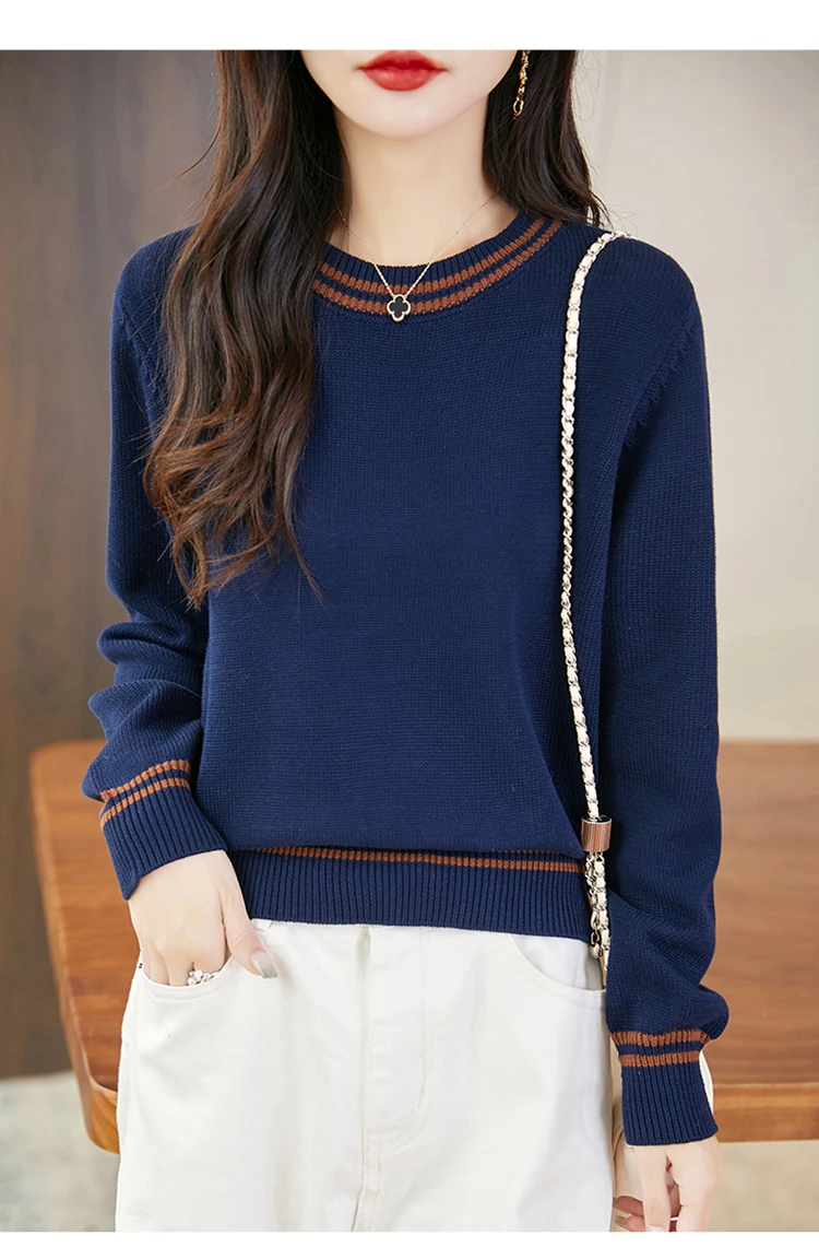Autumn and winter women's 100% pure cotton sweater casual O-neck knitted pullover loose color matching hot selling women's top