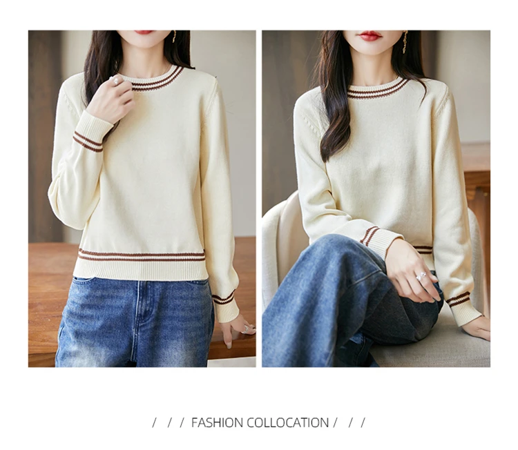 Autumn and winter women's 100% pure cotton sweater casual O-neck knitted pullover loose color matching hot selling women's top