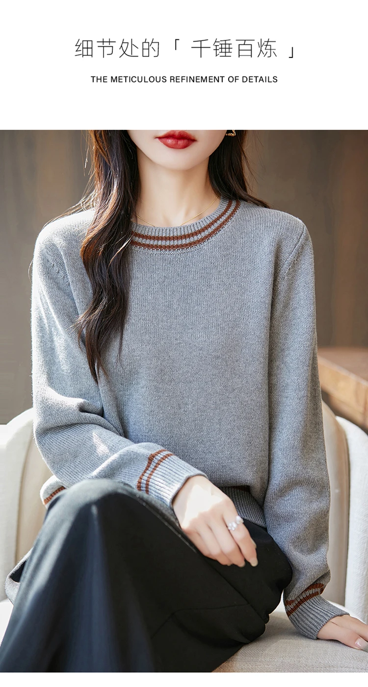 Autumn and winter women's 100% pure cotton sweater casual O-neck knitted pullover loose color matching hot selling women's top