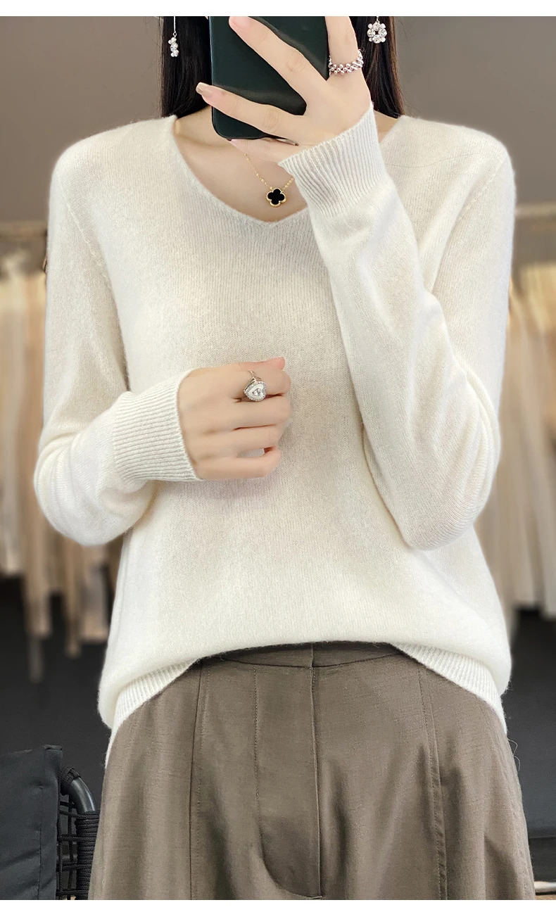Women 100% Merino Wool Sweater V-Neck Basic Pullover Autumn Winter Cashmere Clothing Long Sleeve Soft Knitwear Tops Solid Color