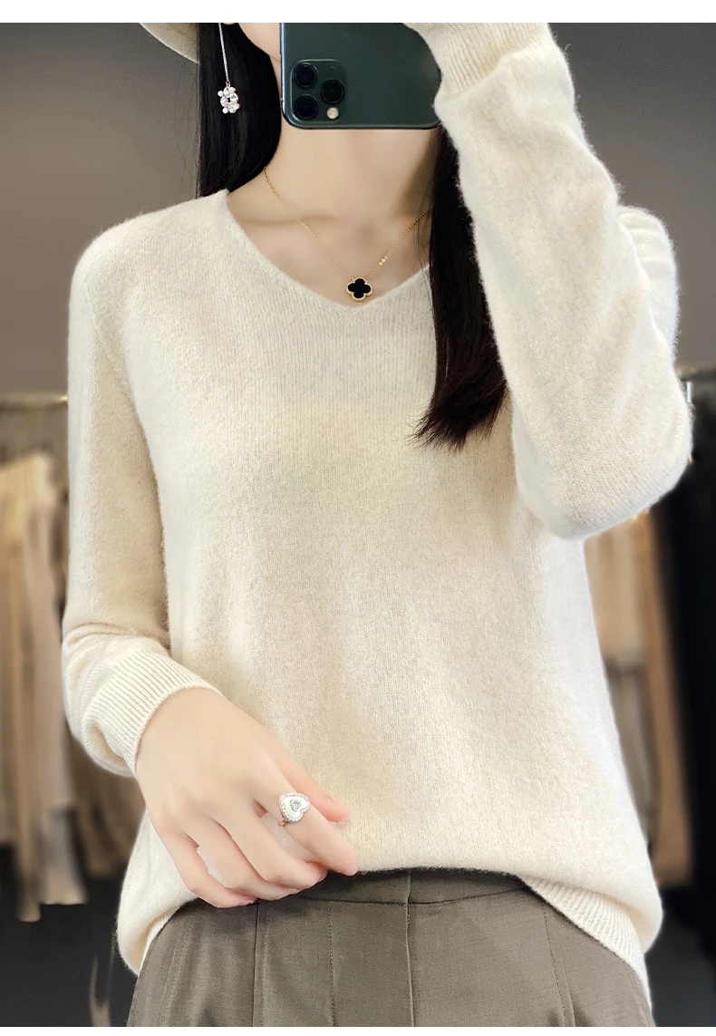 Women 100% Merino Wool Sweater V-Neck Basic Pullover Autumn Winter Cashmere Clothing Long Sleeve Soft Knitwear Tops Solid Color