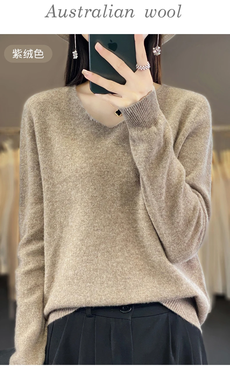 Women 100% Merino Wool Sweater V-Neck Basic Pullover Autumn Winter Cashmere Clothing Long Sleeve Soft Knitwear Tops Solid Color