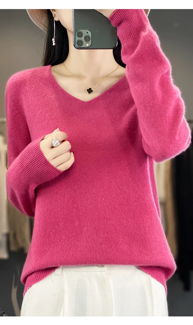 Women 100% Merino Wool Sweater V-Neck Basic Pullover Autumn Winter Cashmere Clothing Long Sleeve Soft Knitwear Tops Solid Color