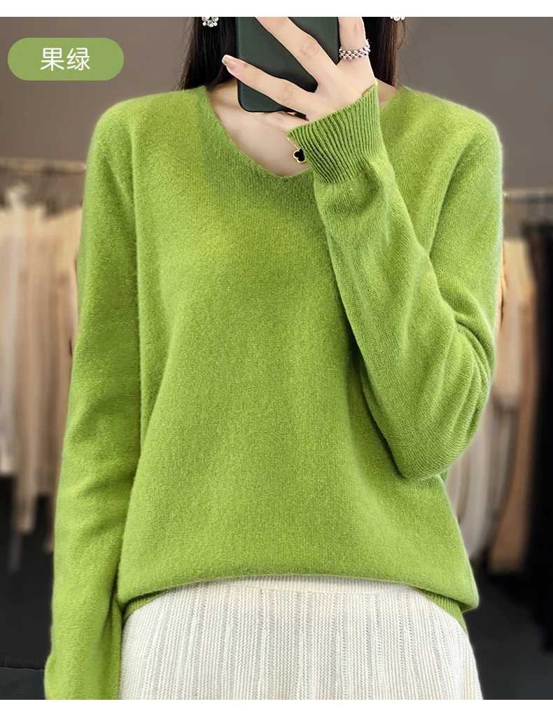 Women 100% Merino Wool Sweater V-Neck Basic Pullover Autumn Winter Cashmere Clothing Long Sleeve Soft Knitwear Tops Solid Color