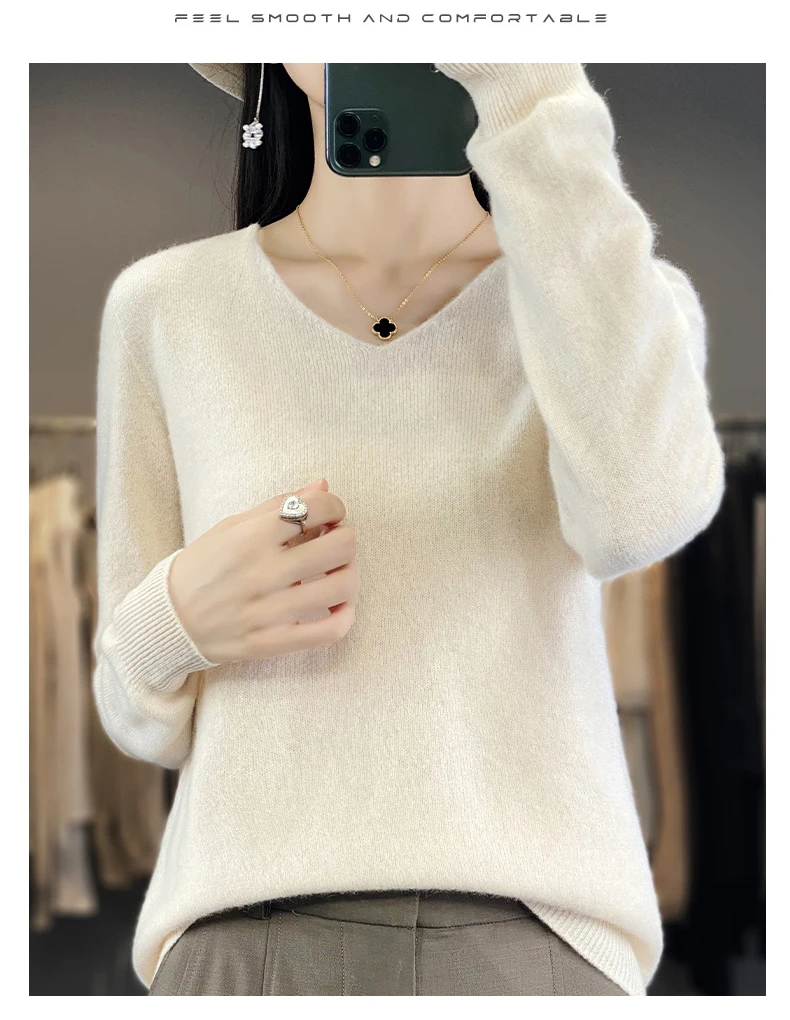 Women 100% Merino Wool Sweater V-Neck Basic Pullover Autumn Winter Cashmere Clothing Long Sleeve Soft Knitwear Tops Solid Color