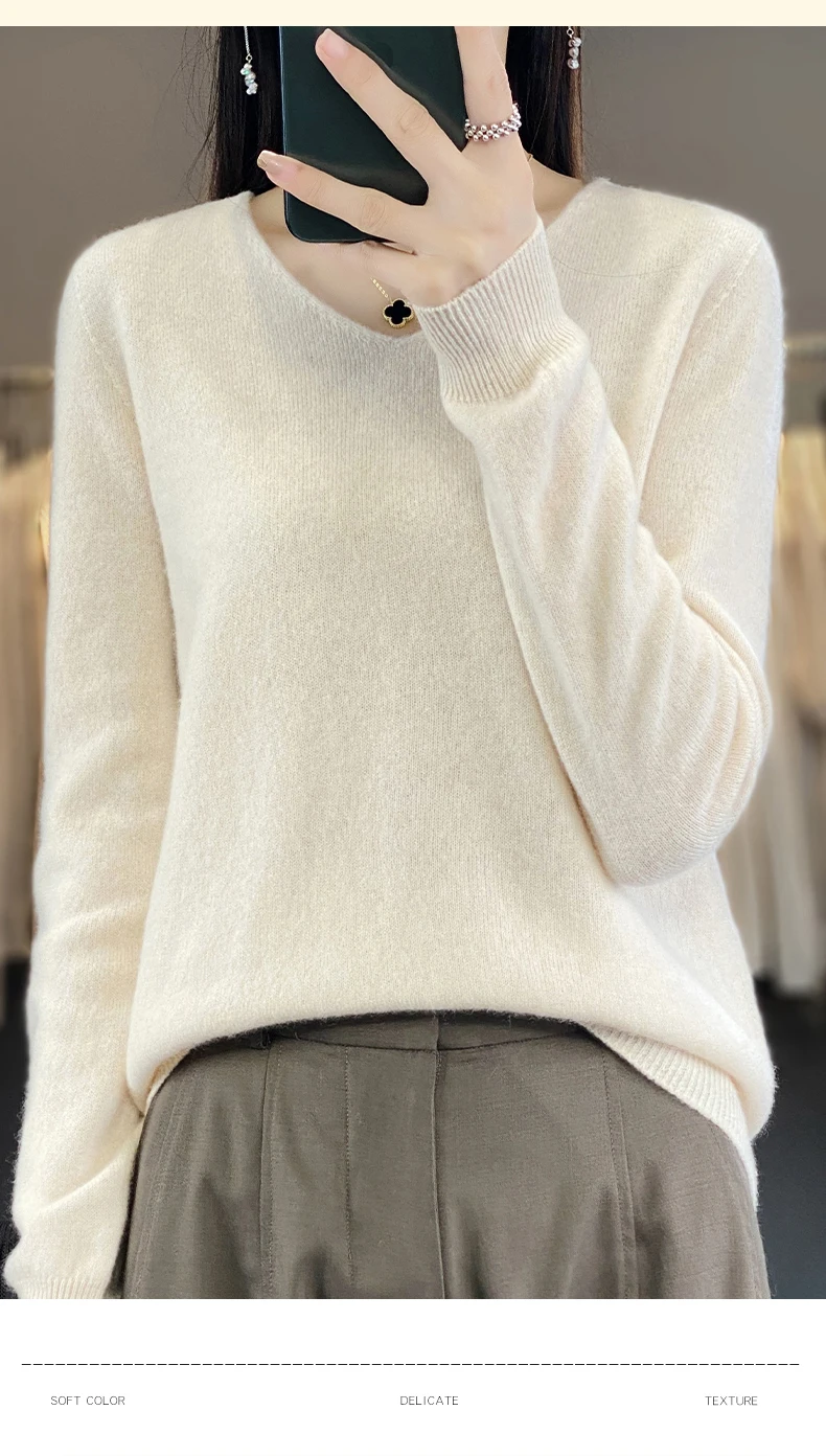 Women 100% Merino Wool Sweater V-Neck Basic Pullover Autumn Winter Cashmere Clothing Long Sleeve Soft Knitwear Tops Solid Color