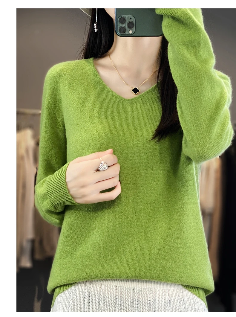 Women 100% Merino Wool Sweater V-Neck Basic Pullover Autumn Winter Cashmere Clothing Long Sleeve Soft Knitwear Tops Solid Color