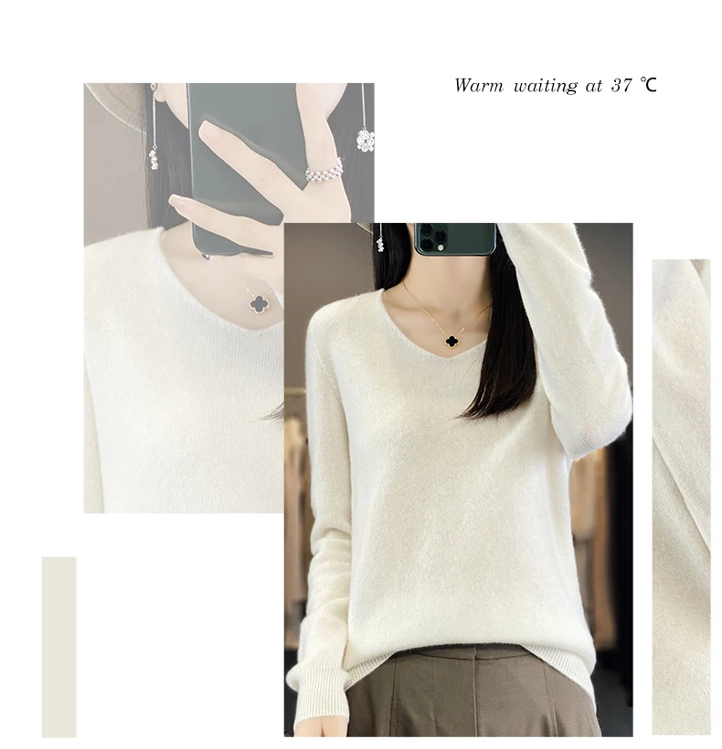 Women 100% Merino Wool Sweater V-Neck Basic Pullover Autumn Winter Cashmere Clothing Long Sleeve Soft Knitwear Tops Solid Color