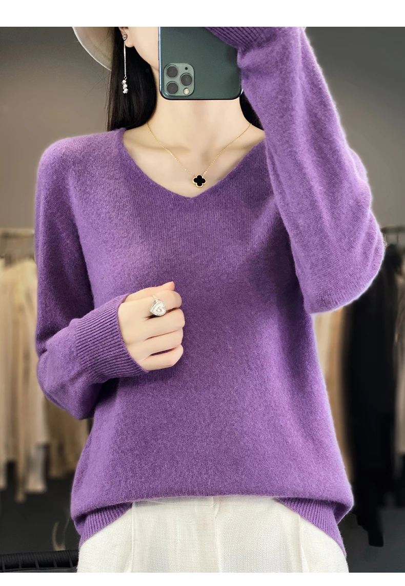 Women 100% Merino Wool Sweater V-Neck Basic Pullover Autumn Winter Cashmere Clothing Long Sleeve Soft Knitwear Tops Solid Color