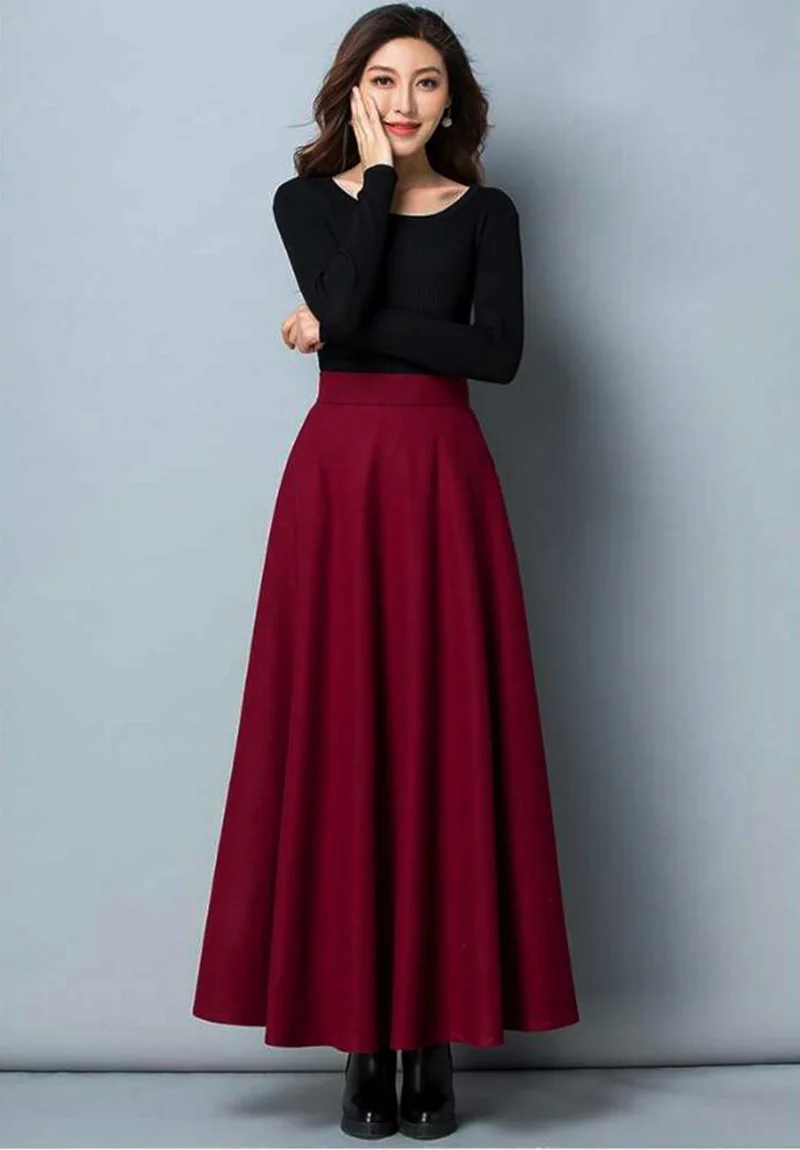 Lucyever New Winter Women's Long Woolen Skirt Elegant High Waist Wool A Line Skirts Female Casual Thick Warm Pocket Maxi Skirts