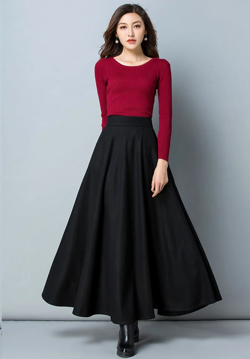 Lucyever New Winter Women's Long Woolen Skirt Elegant High Waist Wool A Line Skirts Female Casual Thick Warm Pocket Maxi Skirts