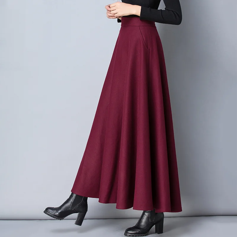 Lucyever New Winter Women's Long Woolen Skirt Elegant High Waist Wool A Line Skirts Female Casual Thick Warm Pocket Maxi Skirts