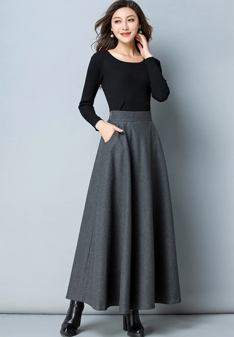 Lucyever New Winter Women's Long Woolen Skirt Elegant High Waist Wool A Line Skirts Female Casual Thick Warm Pocket Maxi Skirts