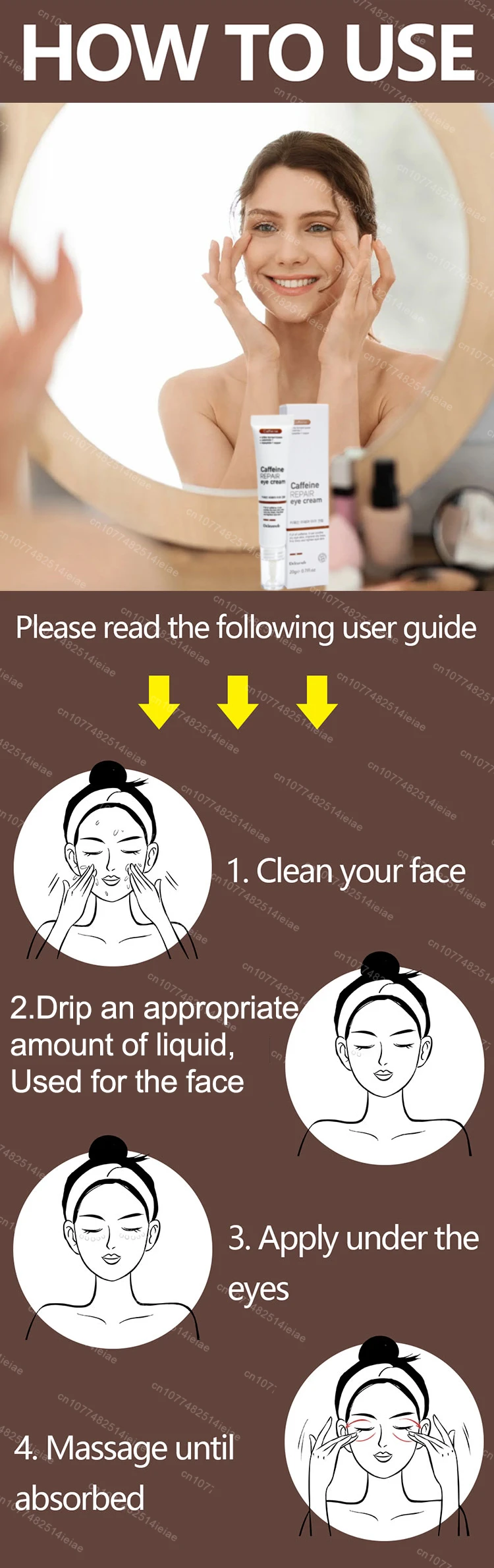 Instantly removes under eye bags, reduces fine wrinkles, improves skin elasticity, eliminates dark circles, brightens the eye ar