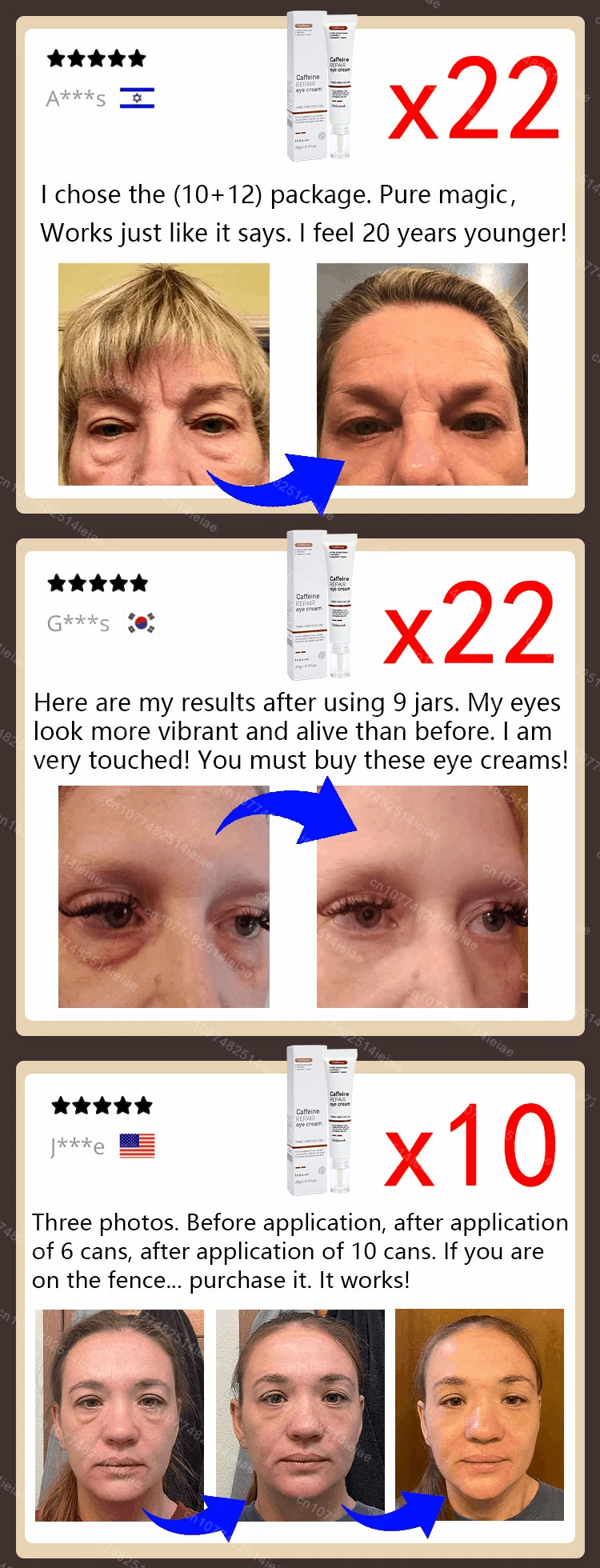 Instantly removes under eye bags, reduces fine wrinkles, improves skin elasticity, eliminates dark circles, brightens the eye ar