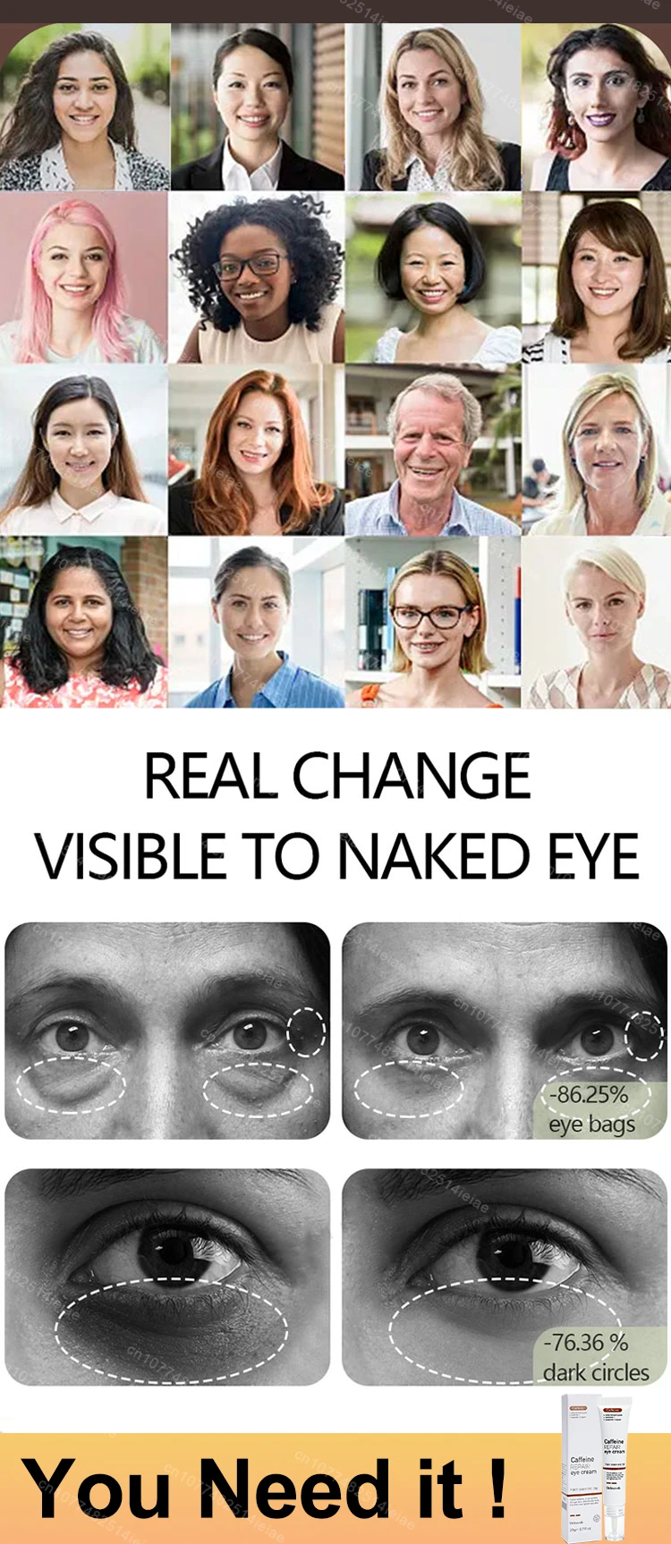 Instantly removes under eye bags, reduces fine wrinkles, improves skin elasticity, eliminates dark circles, brightens the eye ar