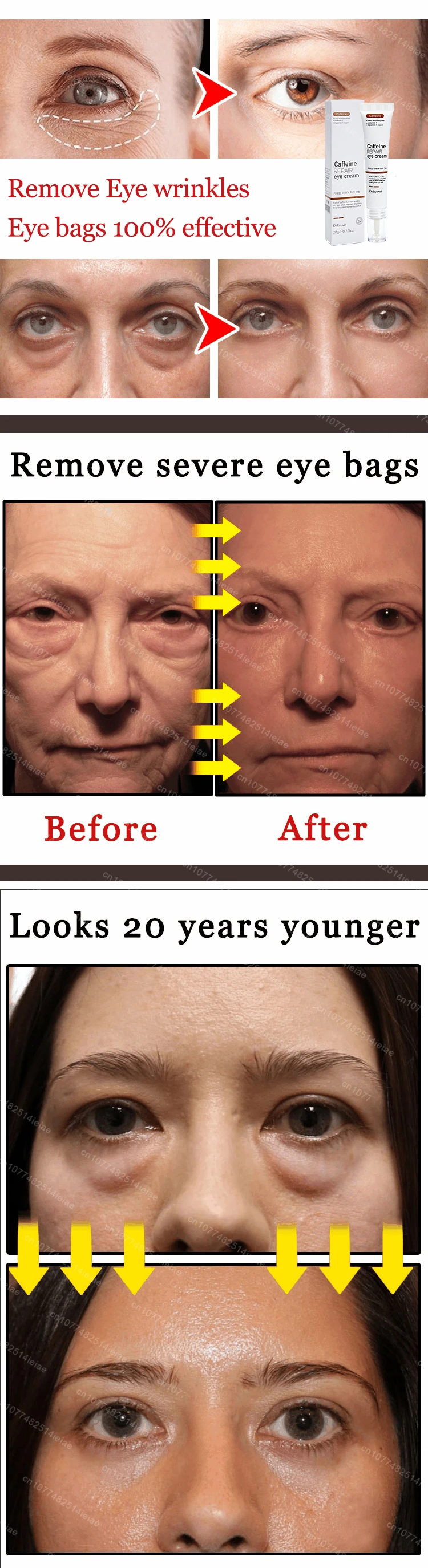 Instantly removes under eye bags, reduces fine wrinkles, improves skin elasticity, eliminates dark circles, brightens the eye ar