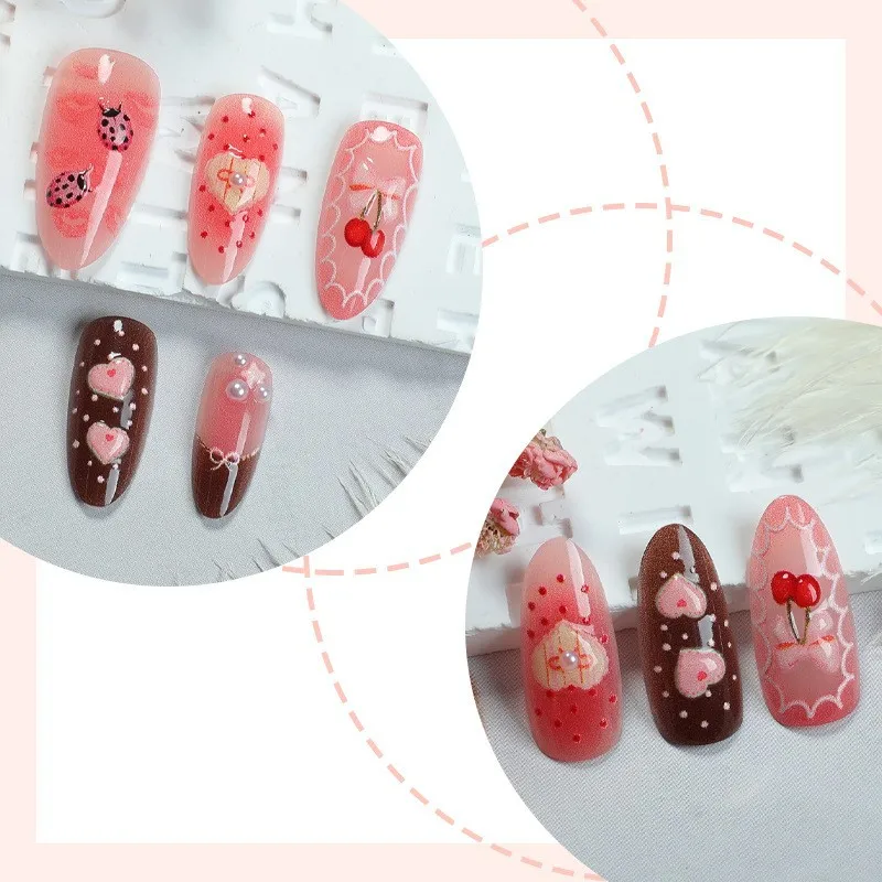 24Pcs Fake Nails Lip Print Gradient Bow French Heart Strawberry Polka Dot Press-On Nails Perfect for Gift To Girls and Friends