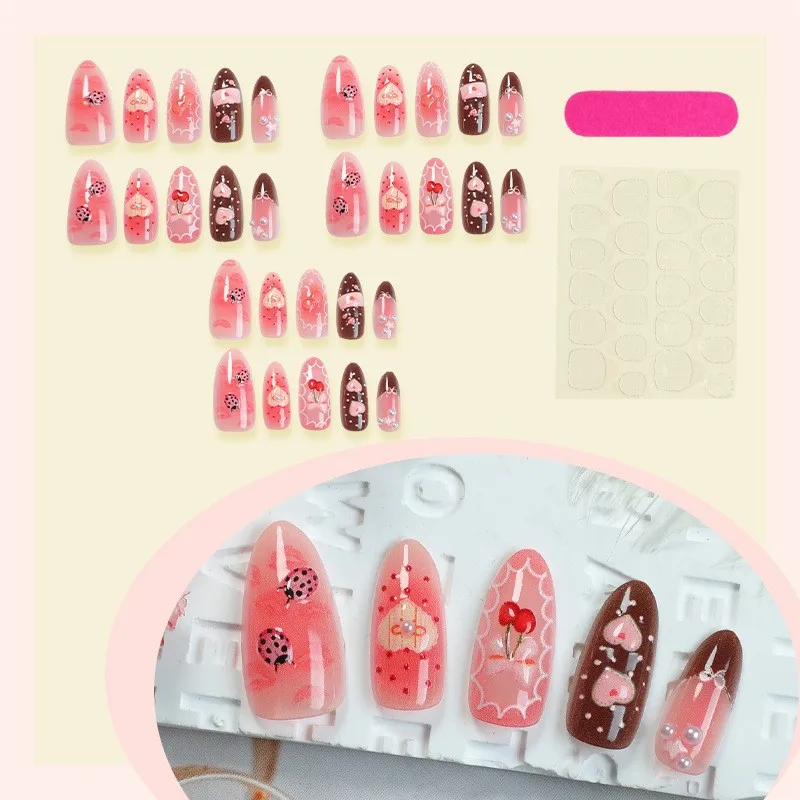 24Pcs Fake Nails Lip Print Gradient Bow French Heart Strawberry Polka Dot Press-On Nails Perfect for Gift To Girls and Friends