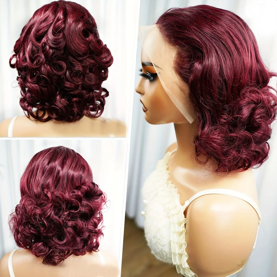 Burgundy 99J Color Short Bob Wigs Loose Wave 13x4 HD Lace Front Wig Body Wave Bob Wigs 100% Human Remy Hair Lace Wigs For Women