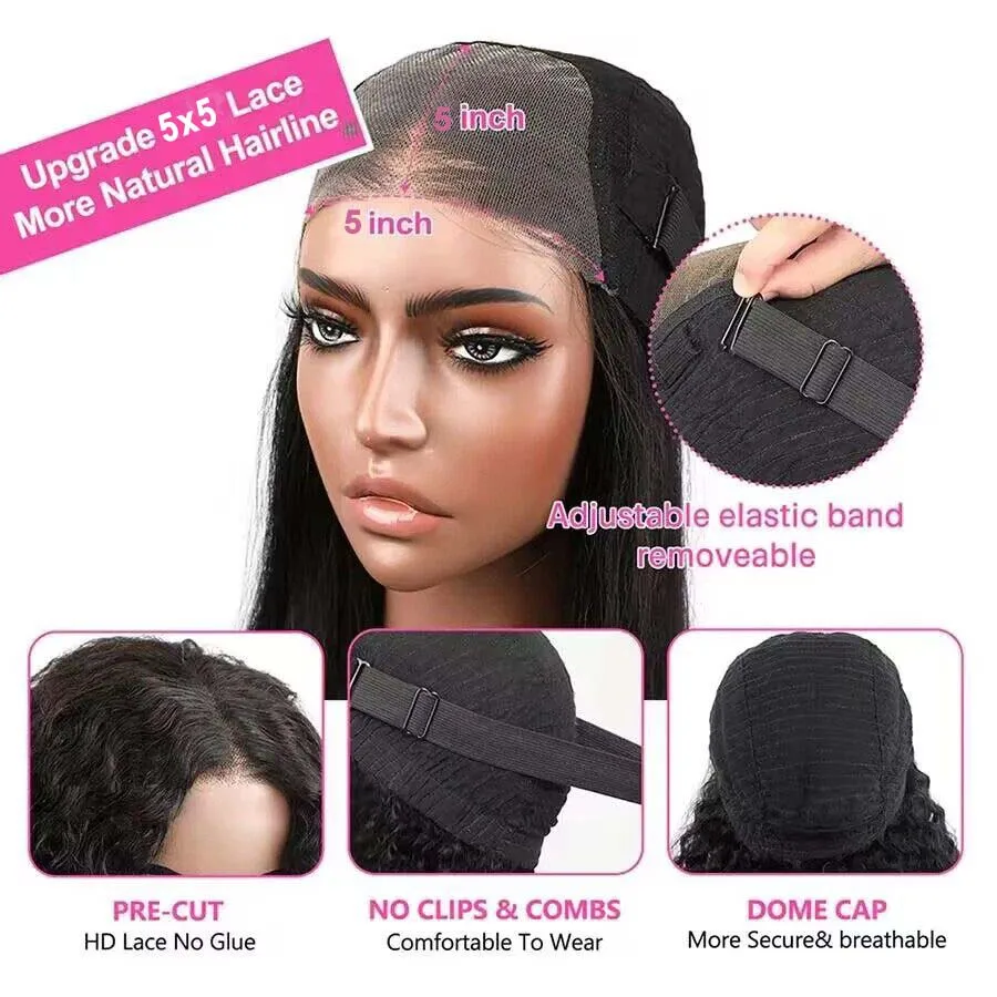 5×5 Glueless Wig Human Hair Ready To Wear Pre-Cut Lace Wear And Go Glueless Wigs Straight Lace Front Human Hair Wig For Women
